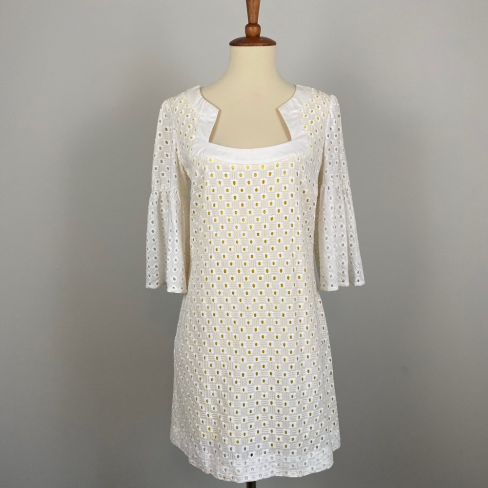 TRINA TURK White Eyelet Dress with Yellow Lining Size 4